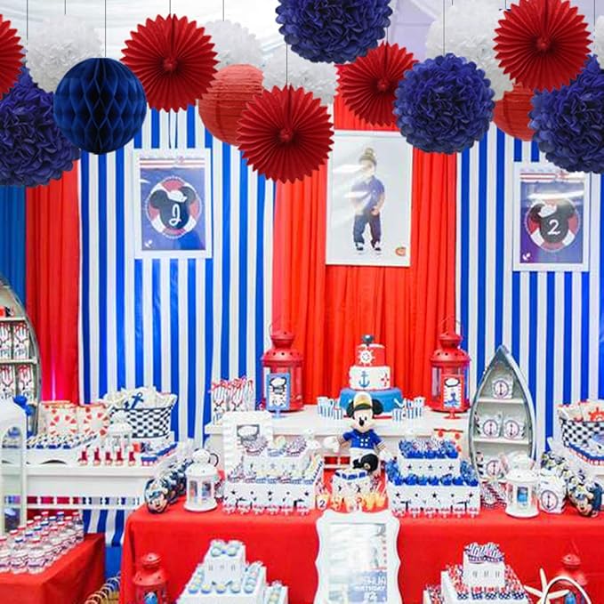 Navy Blue Red White Party Decorations 16pcs Paper Pom Poms Honeycomb Balls Lanterns Tissue Fans for 4th of July Day Patriotic Shake Theme Birthday Graduation Nurse Party