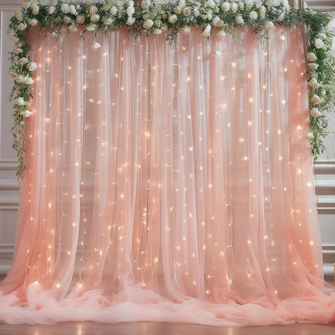 20ft X 10ft Peach Tulle Backdrop Curtain for Parites, Sheer Backdrop Curtains Fabric Drapes for Wedding Ceremony Arch Party Stage Decorations