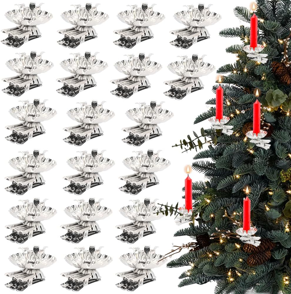 Pack of 20 Tree Candle Holders Clip Silver Candle Holders Christmas Tree Candle Inserts Decorative Mini Candle Holder for Tree Candles, Birthday Candles, Table Candles, Tea Lights