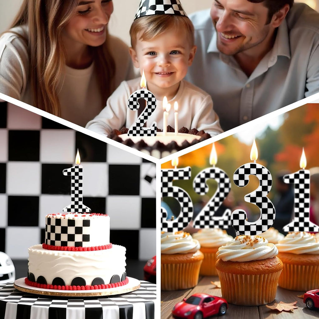 Racing Car Themed Birthday Candles, Number 1 Checkered Candles, Black & White Checkered Cake Topper, Cool Racing Themed Party Supplies, Special Candle
