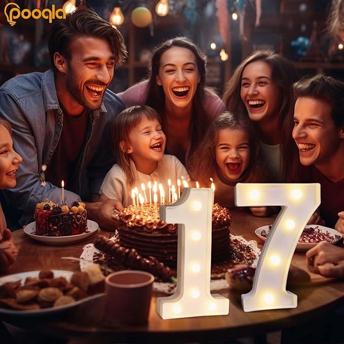 Pooqla Decorative LED Light Up Number Letters, White Plastic Marquee Number Lights Sign for Wedding Decor, Battery Operated (17)