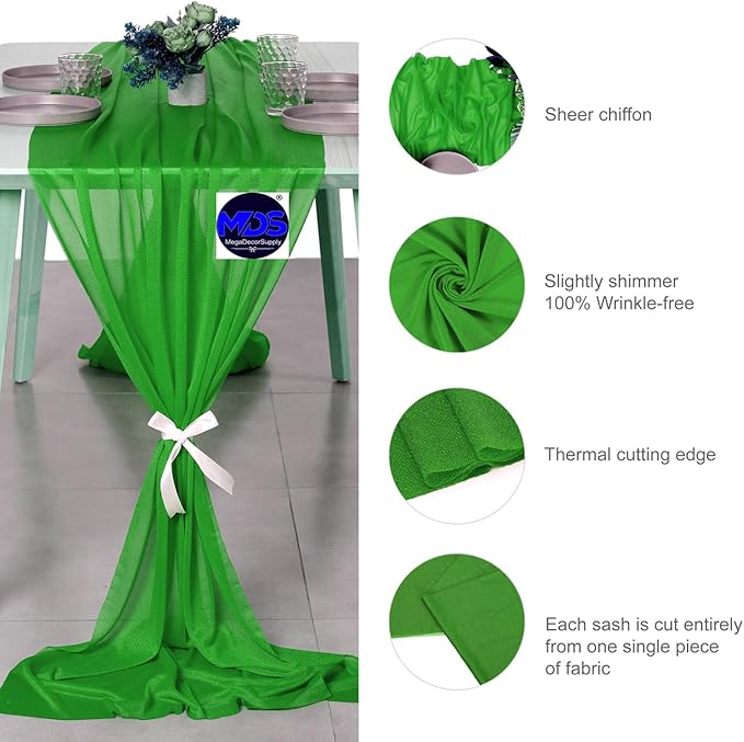 MDS Halloween Chiffon Table Runner - 20 Pack, 29 x 120 Inches, 10ft Each - Sheer Spooky Table Runners for Haunted House Parties, Trick-or-Treat Tables, Witchy Décor, Wedding & Events - Green