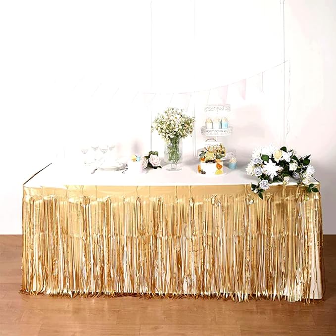 4 Pack 29x108 Inch Metallic Foil Fringe Tinsel Table Skirts for Rectangle Tables Streamer Curtains Backdrop for Christmas, Birthday, Parade Floats, Halloween Party Supplies(Champagne Gold)