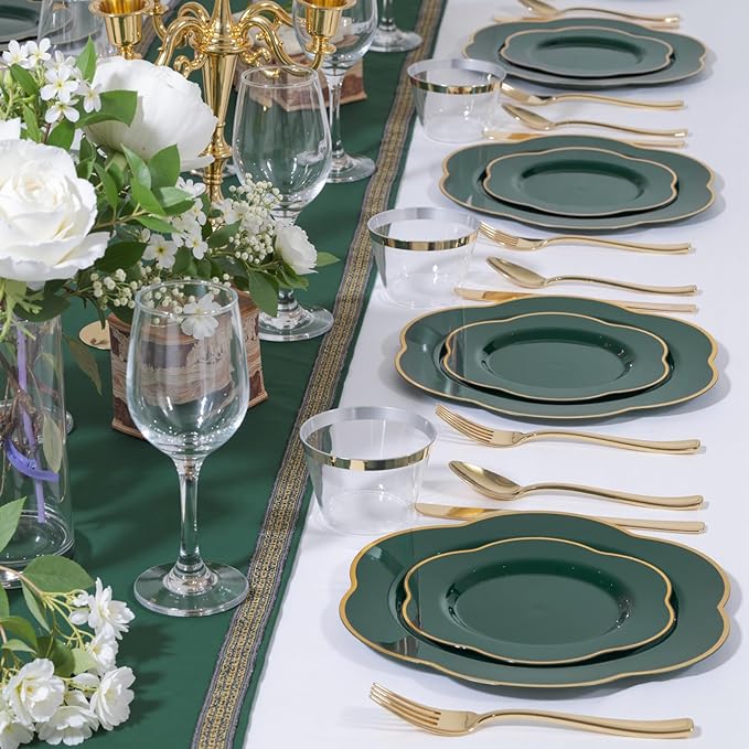 Liacere 50PCS Green Plastic Plates - Heavy Duty Disposable Plate-Green and Gold Include 25PCS Dinner Plate, 25PCS Dessert Plates for Easter&Baby Shower Gifts