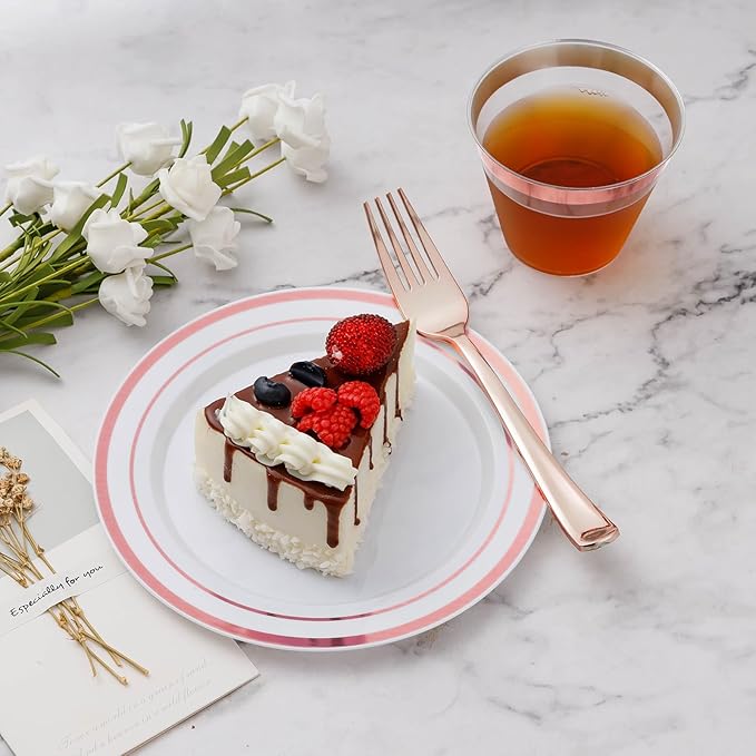 BESTVIP 450PCS Plastic Dinnerware Set (75 Guests), Rose Gold Disposable Plates for Party, Wedding, Christmas, Anniversary, Includes: Dinner Plates, Dessert Plates, Cups, Spoons, Forks and Knives