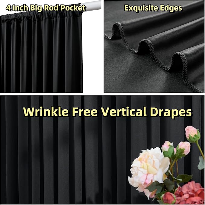 30 ft x 10 ft Wrinkle Free Black Backdrop Curtain for Parties, 6 Panels 10ft Polyester Black Photo Backdrop Drapes for Graduation Birthday Wedding Party Stage Curtains, Thick Bulk Background Curtains