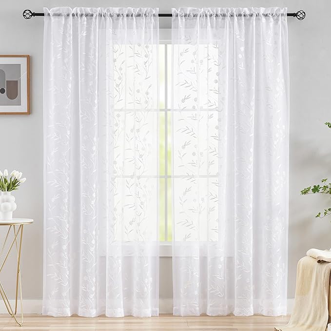 Sheer Curtains Floral Embroidery White 84 Inch Long Rod Pocket Lace Drapes for Living room, Bedroom, 2 Panels, 52"x84", Semi Voile Pattern Outdoor Window Treatment Sets for Yard, Patio, Villa, Parlor.