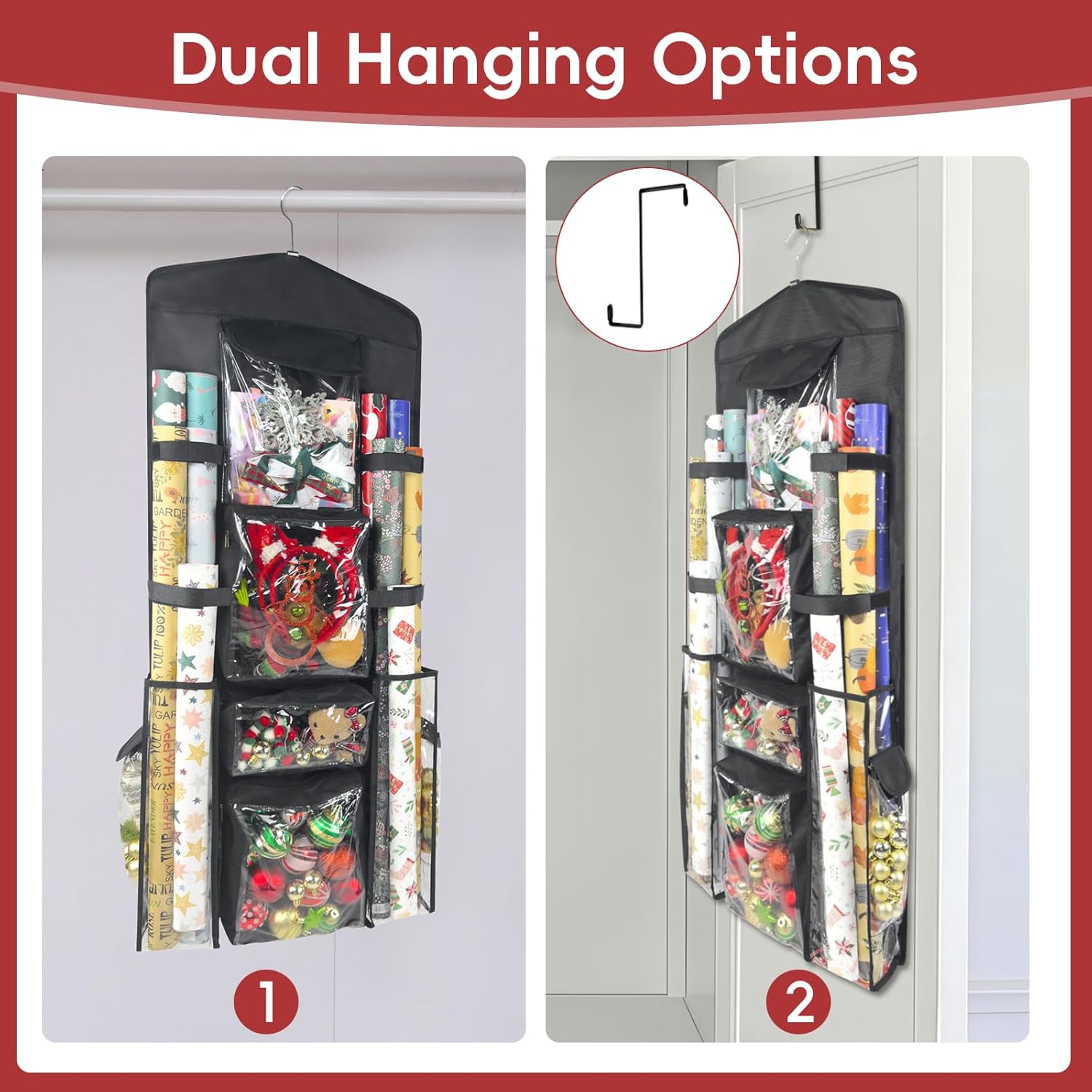 Wrapping Paper Organizer, Double-Sided Hanging, Over Door Gift Wrap Storage with Multiple Pockets, Side Pockets, Elastic Straps, Organize Ribbons, Bows, Tools, Space-Saving Closet,Cabinet Design,Black