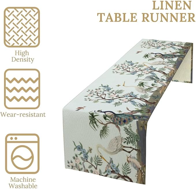 Peacock Table Runner,Retro Chinese Peonies Flowers Peacock Table Runner for Home Kitchen Dining Party Indoor Outdoor Decoration 13x36 Inch