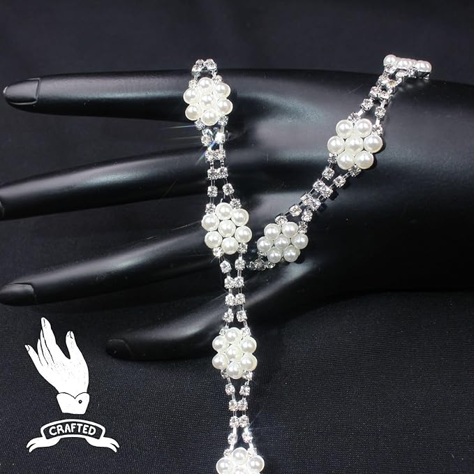 PEARLY JUN 1 Yard Pearl Rhinestone Trim Chain Silver Crystal Fringe Diamond Applique Ribbon String Tassel Strip for Sewing Wedding Dress Crafting Crafts Flower Embellishments