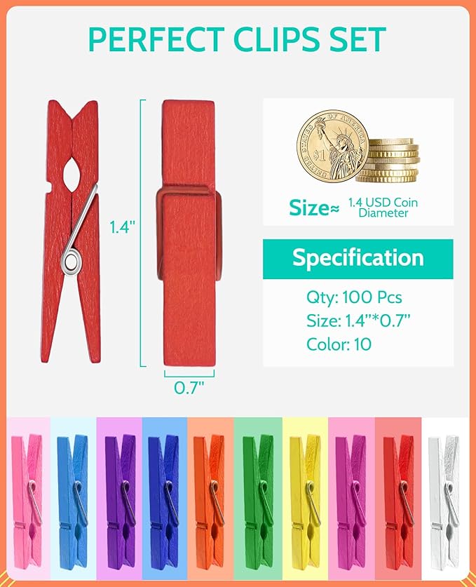 Mini Clothespins, Sopito 100 Pcs 1.4'' Strong Mini Clothespins for Photos with 10 Pcs Washi Tapes and 43 Ft Jute Twine, Colorful Wooden Small Clothes Pins for Picture, Crafts, Baby Shower