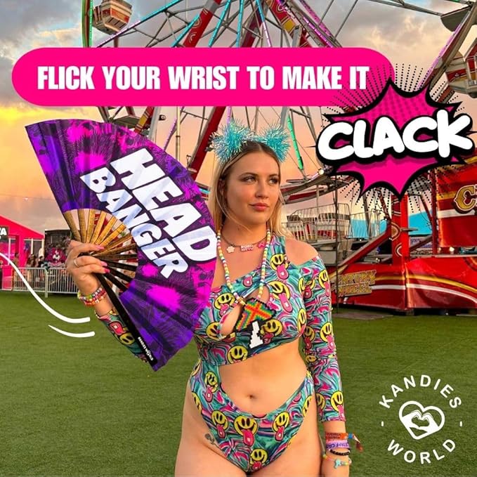 Kandies World Custom Festival Folding Hand Fan - Unique Designs, Made of Bamboo, Clacking Sound, Lightweight - Perfect Rave and Festival Accessory!