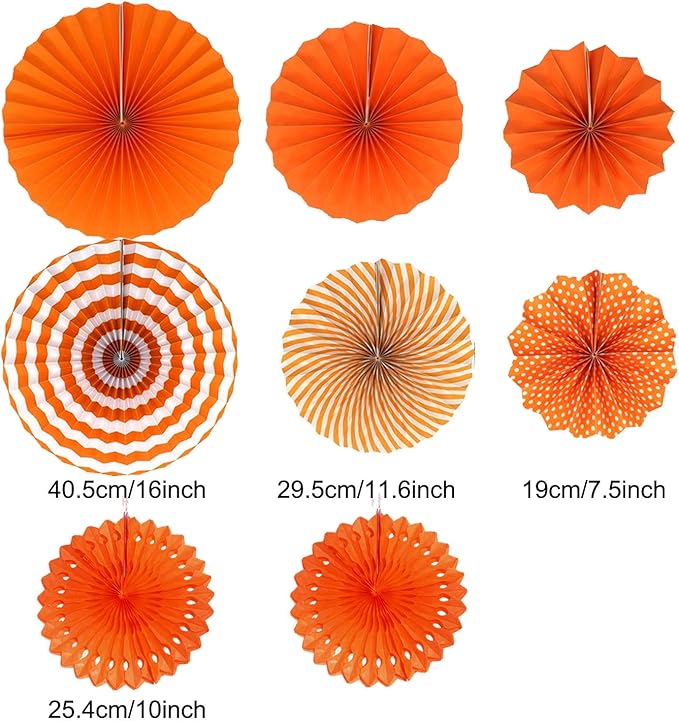 Hanging Paper Fan Set, Tissue Paper Pom Poms Flower Fan and Honeycomb Balls for Birthday Baby Shower Wedding Festival Decorations - Orange