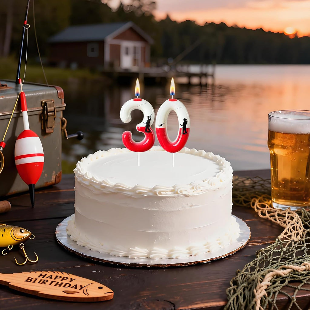 Fishing Birthday Candle Number 30 for Men, Red and White Bobber Cake Topper, Dad Grandpa Cake Decoration
