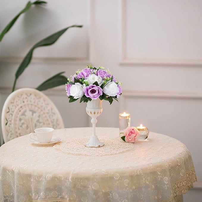 BLOSMON Purple Flowers Ball for Centerpieces: 6 Pcs Fake Lilac White Roses Flowers for Wedding Dinning Table - Faux Silk Kissing Bouquet with Base Floral Arrangement for Home Party Event Decor