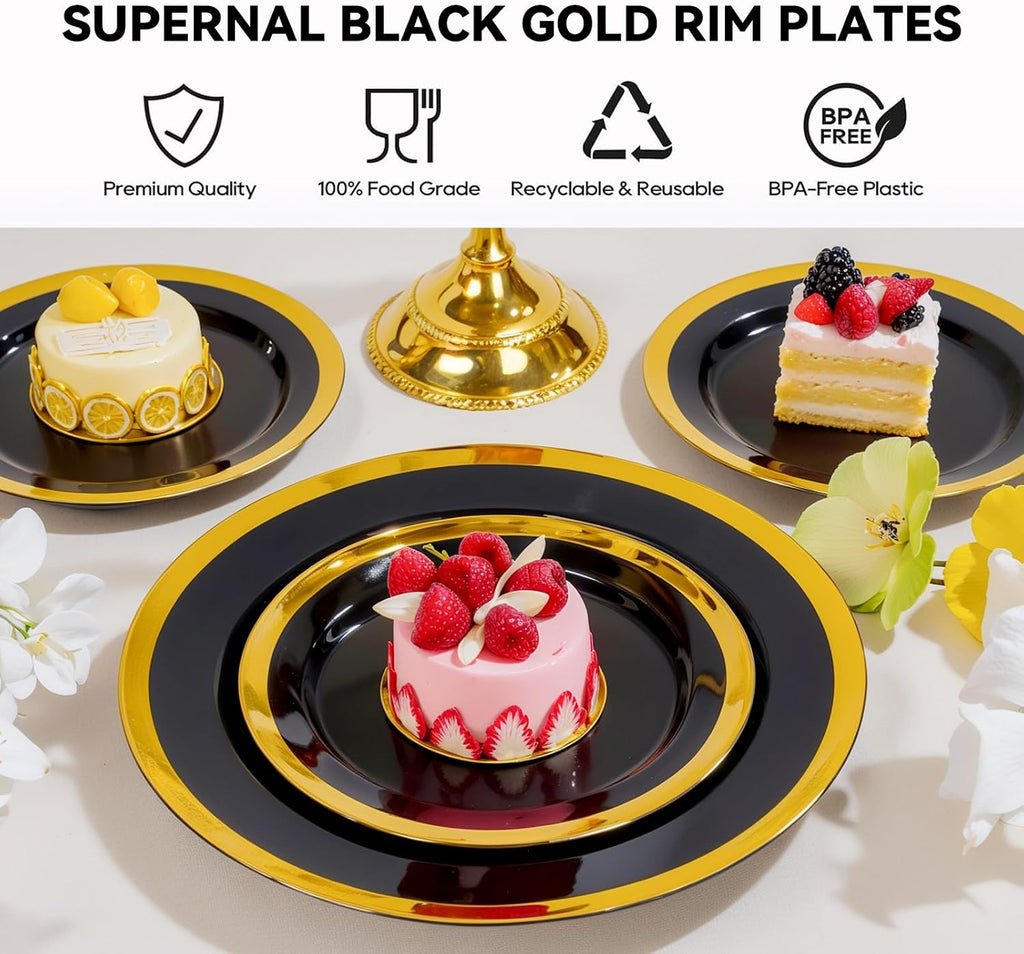 supernal 120-pack black and gold plastic plates, 60, side view