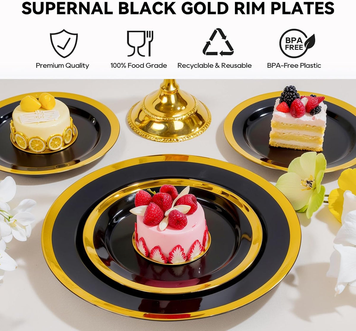 supernal 120-pack black and gold plastic plates, 60, side view