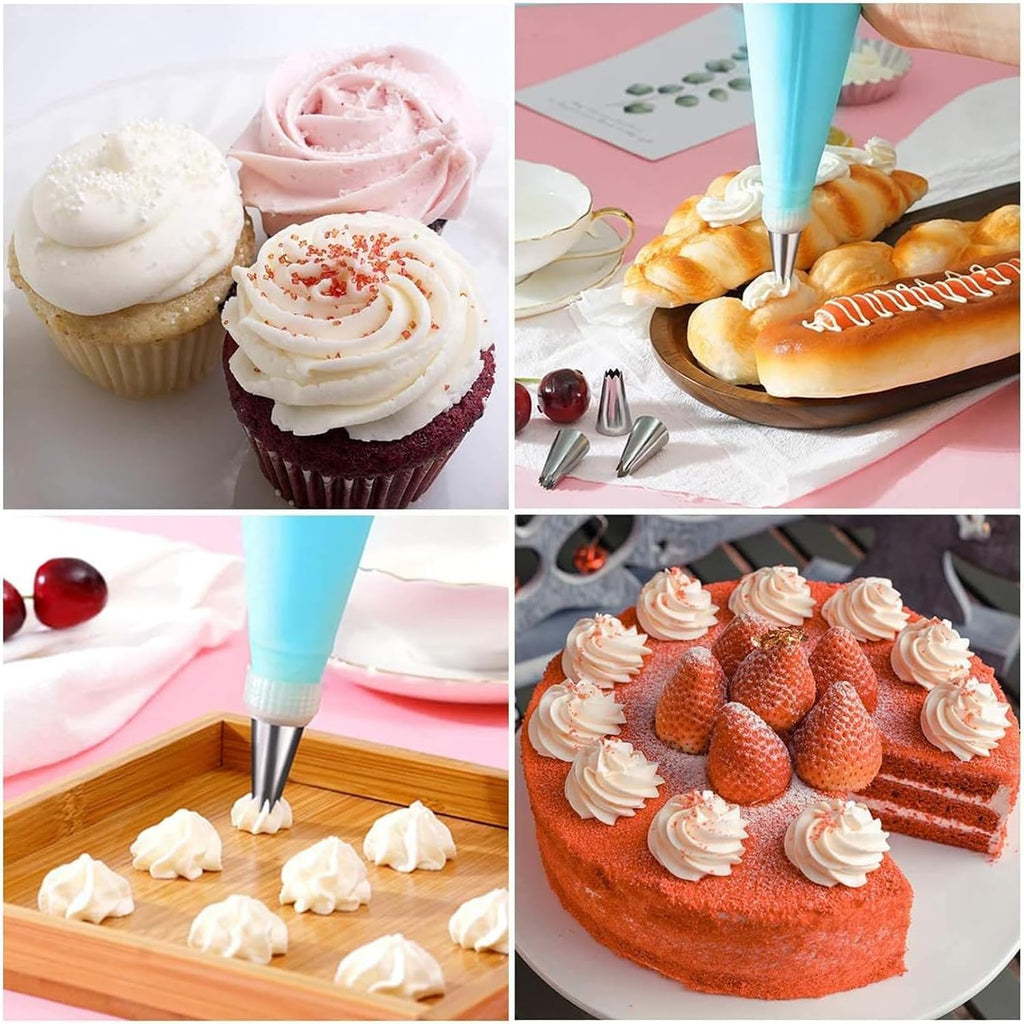 Silicone Icing Piping Bag,Reusable Cream Pastry Bag and 20× Stainless Steel Nozzle Set DIY Cake Decorating Tool(20×Nozzle, 2×Icing Cream Pastry Bag and 2 X Converter and 3×Scraper)