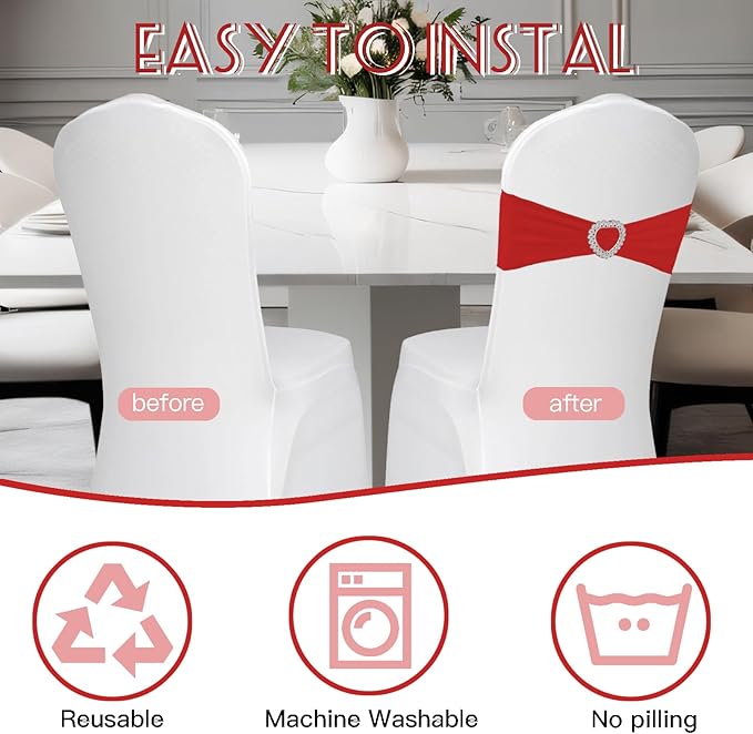 100PCS Spandex Stretch Red Chair Sashes Bows Universal Elastic Chair Cover Bands Ties with Buckle Slider for Wedding Party Birthday Reception Event Banquet Decoration(Red)