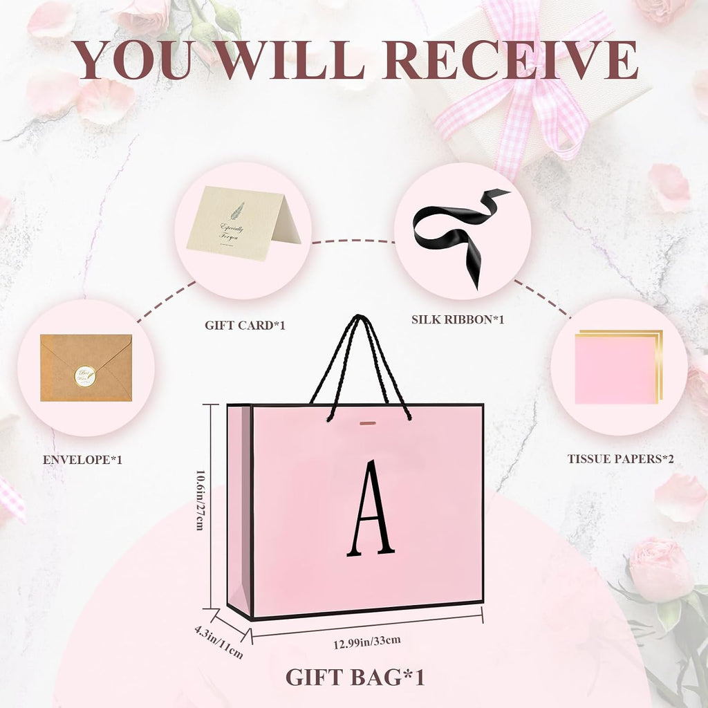 ZUKEPU Birthday Gift Bag, Personalized Initial Pink Gift Bags for Women & Girls, Medium Valentines Gift Paper Bags with Card and Tissue Paper, Stands up perfectly for Weddings, Party & All Holidays (Pink, A-Medium)