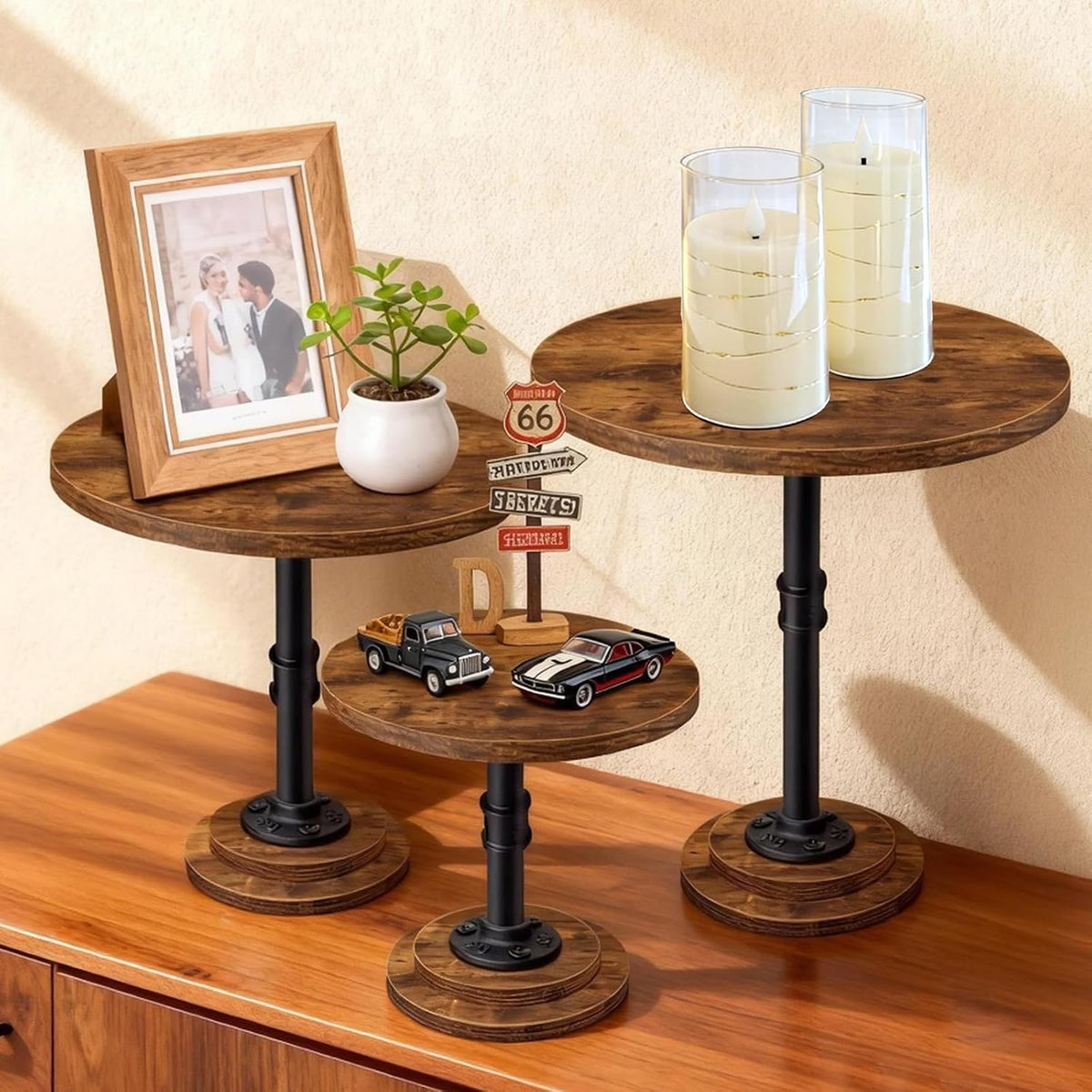 Cake Stand Set of 3, Rustic Industrial Wood Round Cupcake Stands