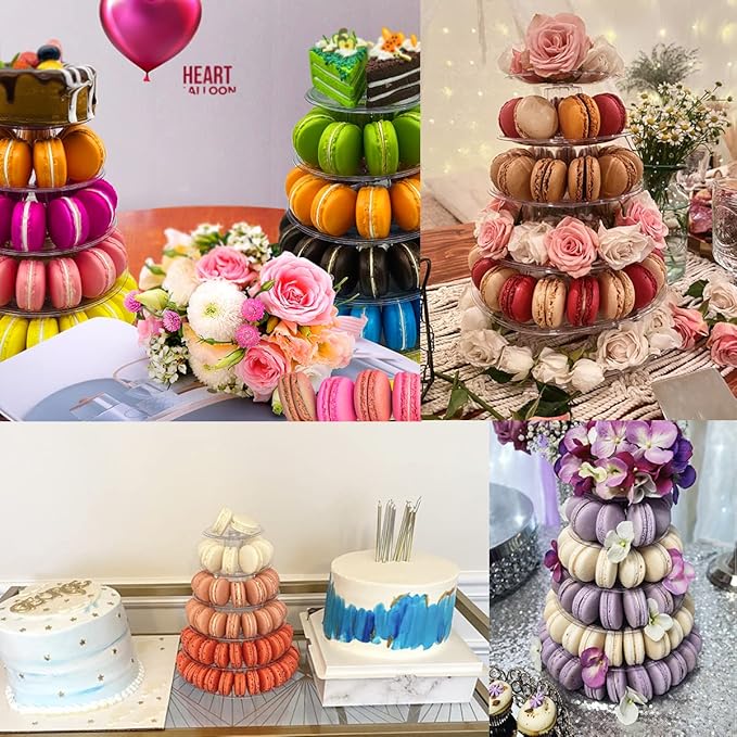 6 Tiers Macaroon Tower Stand with 8'' Silicone Tongs, Round Macaron Tower Cake Display Rack Plastic Cupcake Stand Macarons Desserts Serving Tray for Birthday Wedding Party Decor (6 Tiers with Tongs)