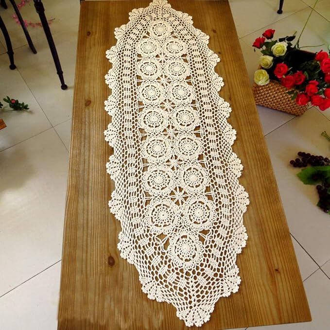Cotton Handmade Crochet lace Table Runners Oval Tablecloth Doilies Doily Table Dresser Scarf Décor,15x27 inch,Beige