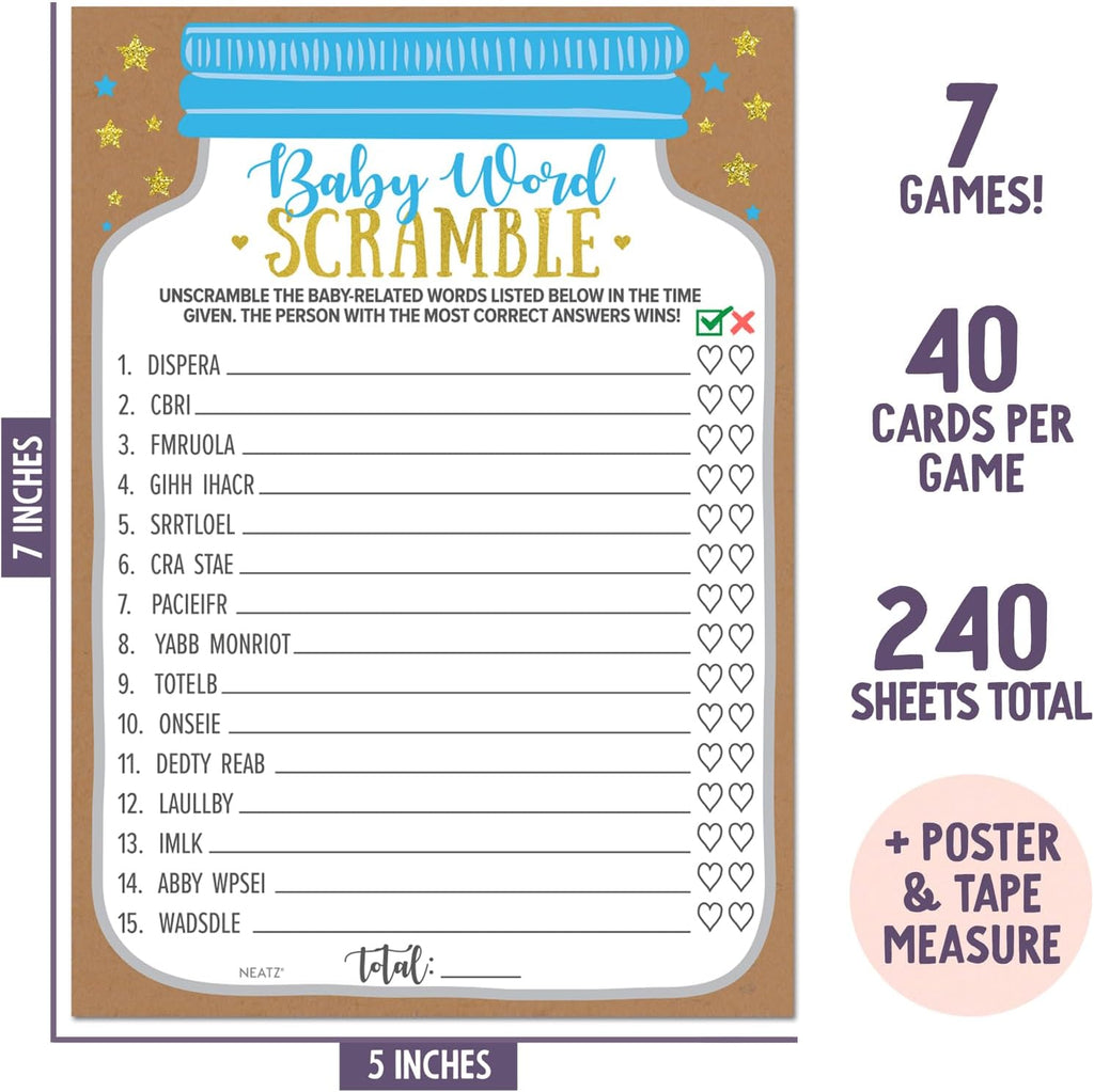 Neatz Baby Shower Games Boy - 7 Games Instant Fun - Baby Prediction Cards, Guess Who Mommy or Daddy, Word Scramble, Advice Cards, Pictionary, How Big is Mommys Belly, Babyshower Game
