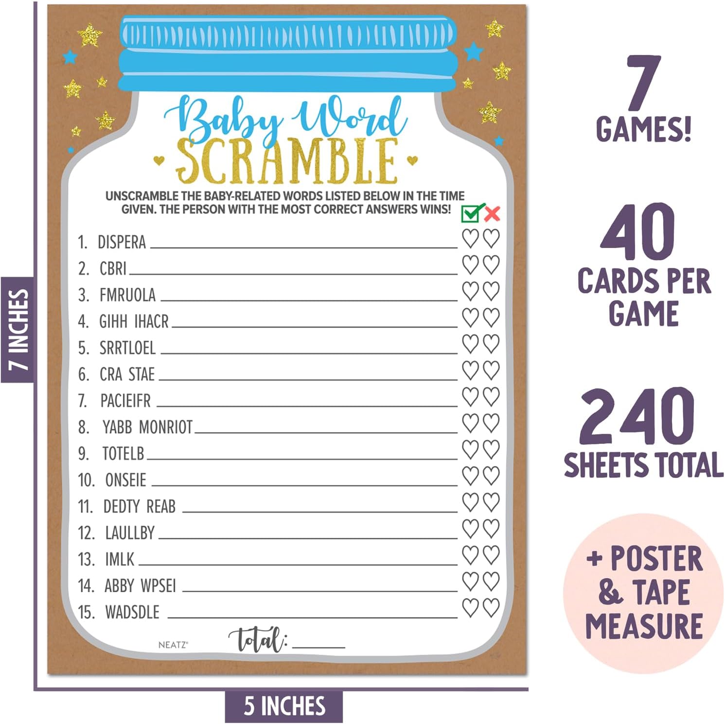 Neatz Baby Shower Games Boy - 7 Games Instant Fun - Baby Prediction Cards, Guess Who Mommy or Daddy, Word Scramble, Advice Cards, Pictionary, How Big is Mommys Belly, Babyshower Game