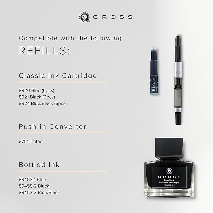 Cross Bailey Light Refillable Fountain Presented in a Everyday Gift Box - Medium Point, Black Ink, Polished Black