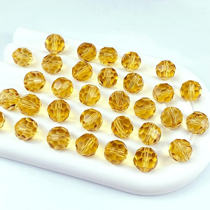50 PCS 10mm Crystal Glass Beads Round Multiple Faceted Loose Spacer Glass Beads for DIY Handcrafte Bracelet Necklace Earring Jewelry Making(Gold Champagne)
