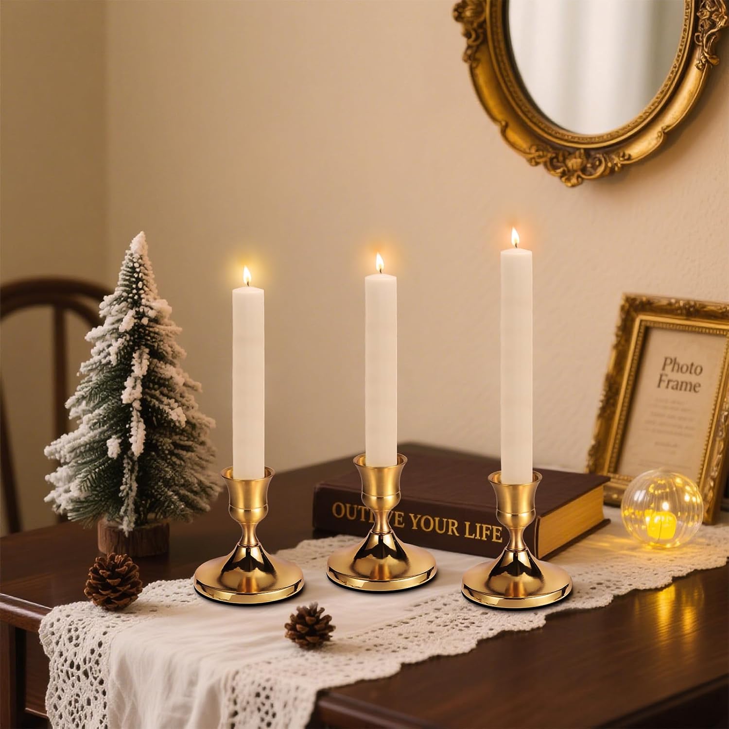 3 Pcs Brass Gold Taper Candle Holders, Vintage Metal Candlestick Holders Set for Dining Table, Wedding & Party Centerpiece Decor, Fits Standard Taper Candles, Mantel & Home Decorations