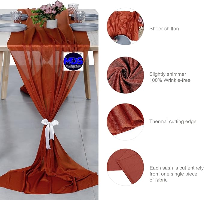 MDS Halloween Chiffon Table Runner - 10 Pack, 29 x 120 Inches, 10ft Each - Sheer Spooky Table Runners for Haunted House Parties, Trick-or-Treat Tables, Witchy Décor, Wedding & Events - Terracotta