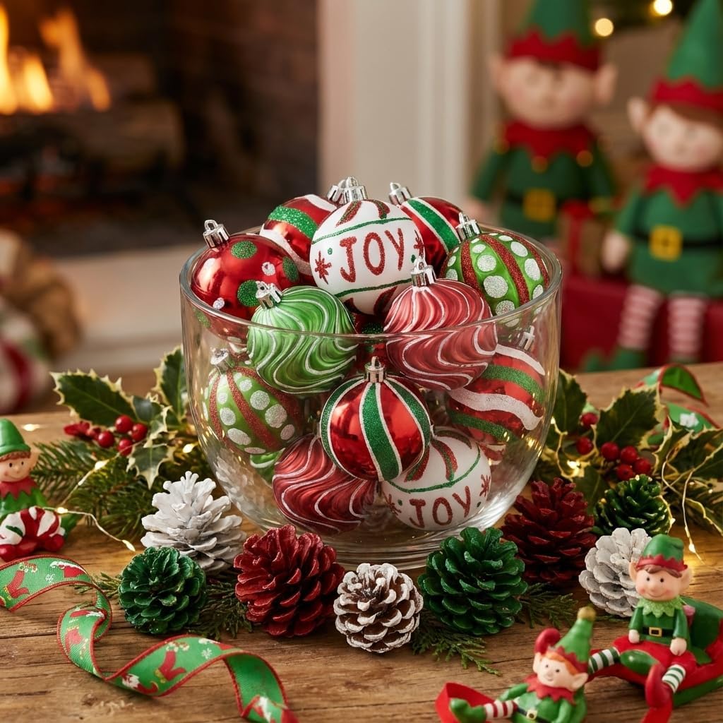 Valery Madelyn Christmas Ornaments Set, 16ct Red Green White Shatterproof Christmas Tree Decorations Ball Ornaments Bulk, 2.36 Inch Hanging Ornaments for Xmas Trees Holiday Party Decor