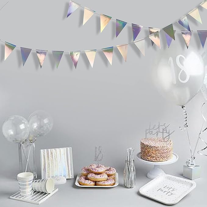 40Ft Iridescent Party Decorations Holographic Hanging Triangle Pennant Banner Flag Bunting Garland for Graduation Birthday Anniversary Engagement Wedding Bridal Baby Shower Disco Hen Party Supplies