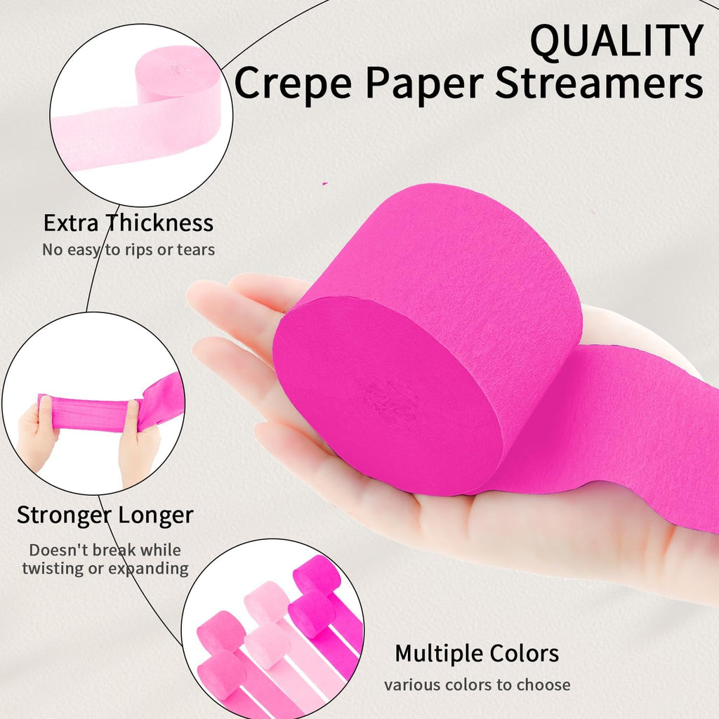Crepe Paper Streamers - 6 Rolls, 492ft, Pack of 6 Light Pink & Hot Pink Party Streamers for Birthday, Wedding, Baby Shower & Anniversary Decorations (2.37 Inch x 82 Ft/Roll)