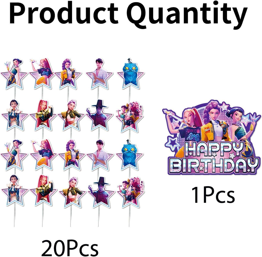Demon Movie Hunters Birthday Cake Topper, Cute Anime Cake Decorations Include 1Pcs Happy Birthday Cake Topper and 20Pcs Cupcake Topper for Cartoon Party Decorations