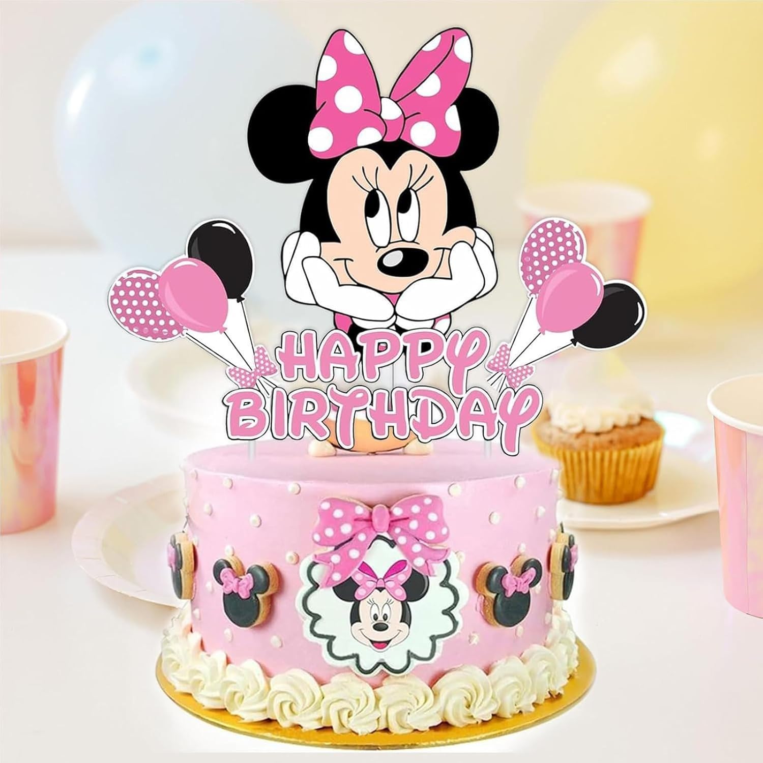 Birthday Cake Toppers, Cute Mouse Cake Decorations, Cartoon Themed Cupcake Topper, Birthday Party Supplies (Pink)