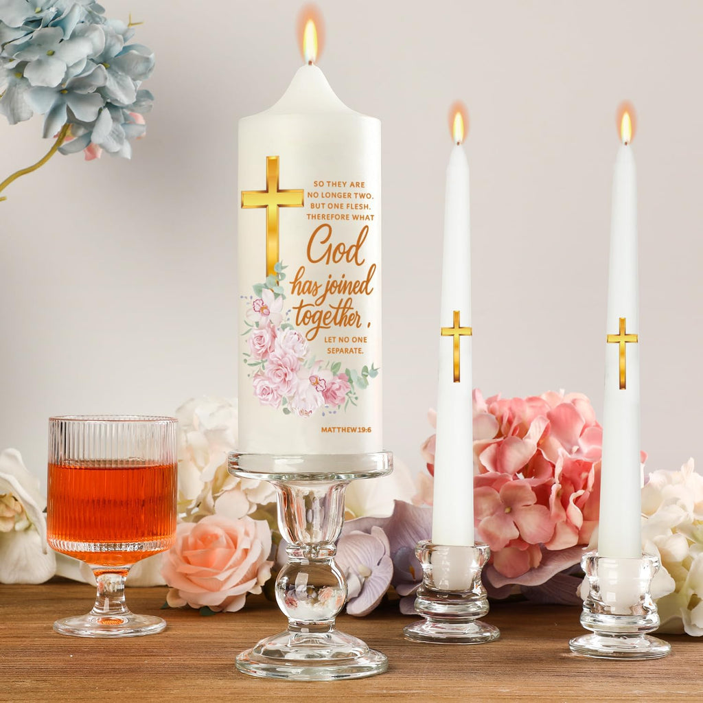 Extrogif Unity Floral Candles with Holder for Wedding Ceremony – Wedding Candle Set with Glass Holders – Elegant Pillar Candles with a Gold Cross and the Matthew 19:6 Verse