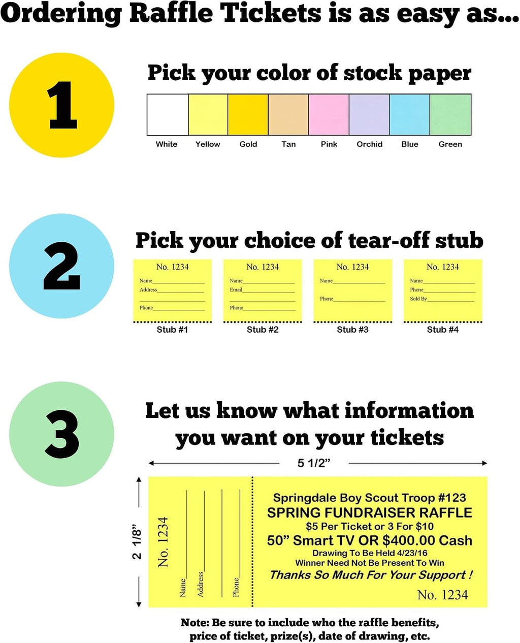 500 Custom Printed Raffle Tickets For Your Fundraiser! Your Choice Of Card Stock Printed, Numbered & Perforated With Stub. Great for Fundraising, 50/50 And Weddings. Other Quantities Available.