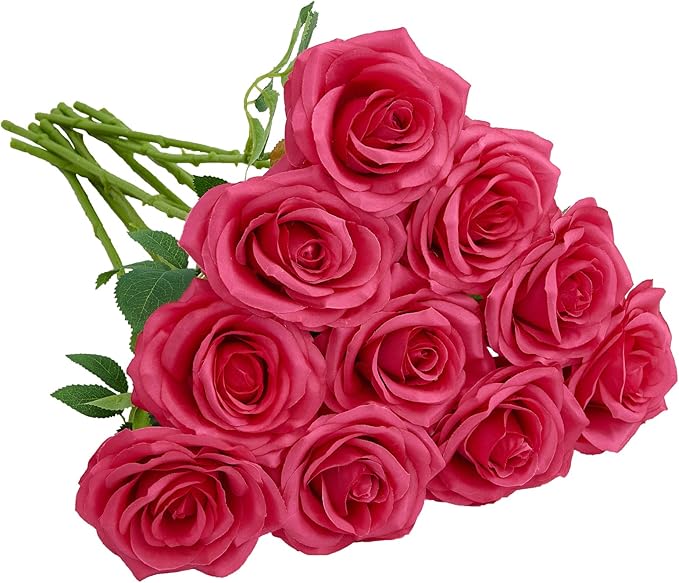 Artificial Rose 10pcs Open Flower Bouquet Faux Rose Stems for Wedding Arrangement, Bridal Bouquet, Centerpiece, Fake Faux Silk Flowers (Hot Pink)