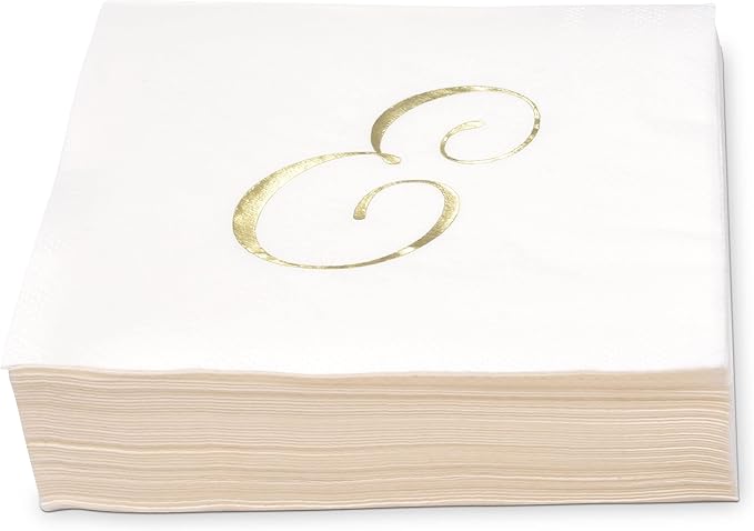 Gift Boutique 100 Gold Monogram Cocktail Napkins Letter E Disposable Paper Hand Towels for Bathroom Wedding Baby Shower Holiday Party Decor