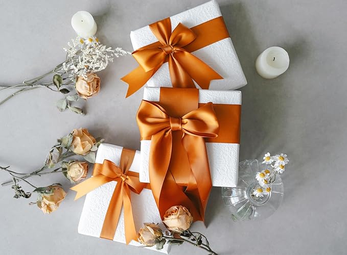 Copper Satin Ribbon 2.5 Inch Double-Faced Polyester Ribbons 25 Yards for Bows Crafts Gift Wrapping Christmas Flower Bouquet Fall Wedding