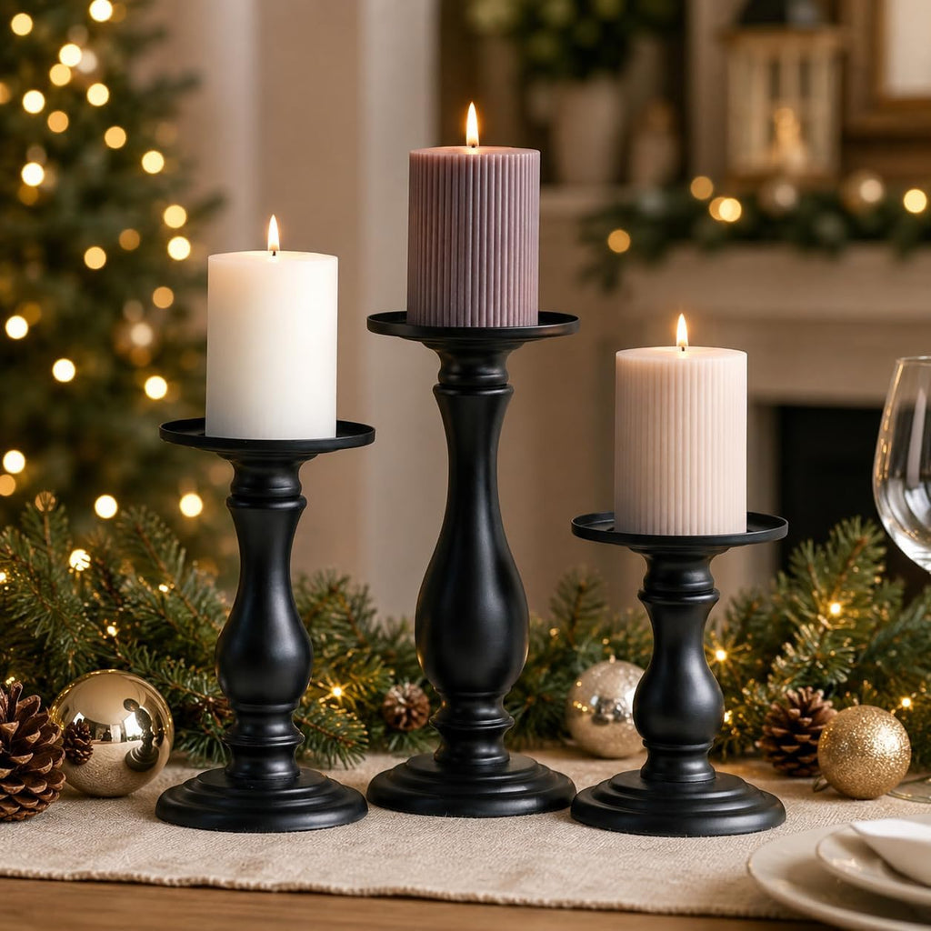 Matte Black Pillar Candle Holders Set of 3, 6/8/10 Inch Metal Stands for 3 or 4 Inch Pillars, Fireplace Mantel Table Centerpiece, Rustic Farmhouse Wedding Decor