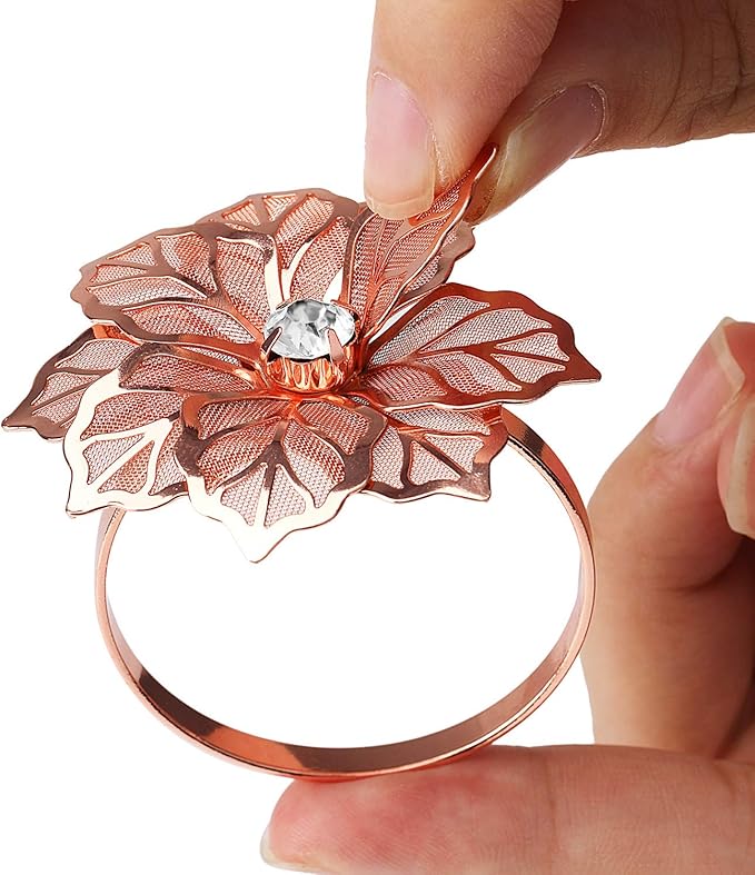 KPOSIYA Flower Napkin Rings Holder Metal Rose Gold Napkin Rings Set of 12 for Wedding Party Holiday Banquet Christmas Dinner Delicate Serviette Buckles Decor Favor (12, Rose Gold)