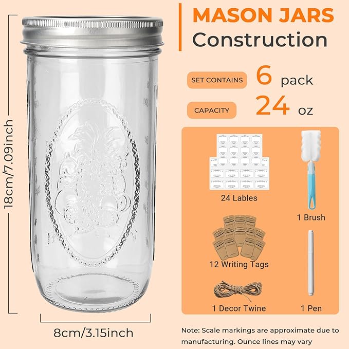 CycleMore 6 Pack Wide Mouth Mason Jars with Airtight Lids and Bands, 24 Oz Canning Glass Jars, Glass Canister for Canning, Fermenting, Pickling, Meal Prep, Overnight Oats, Jam, Jelly