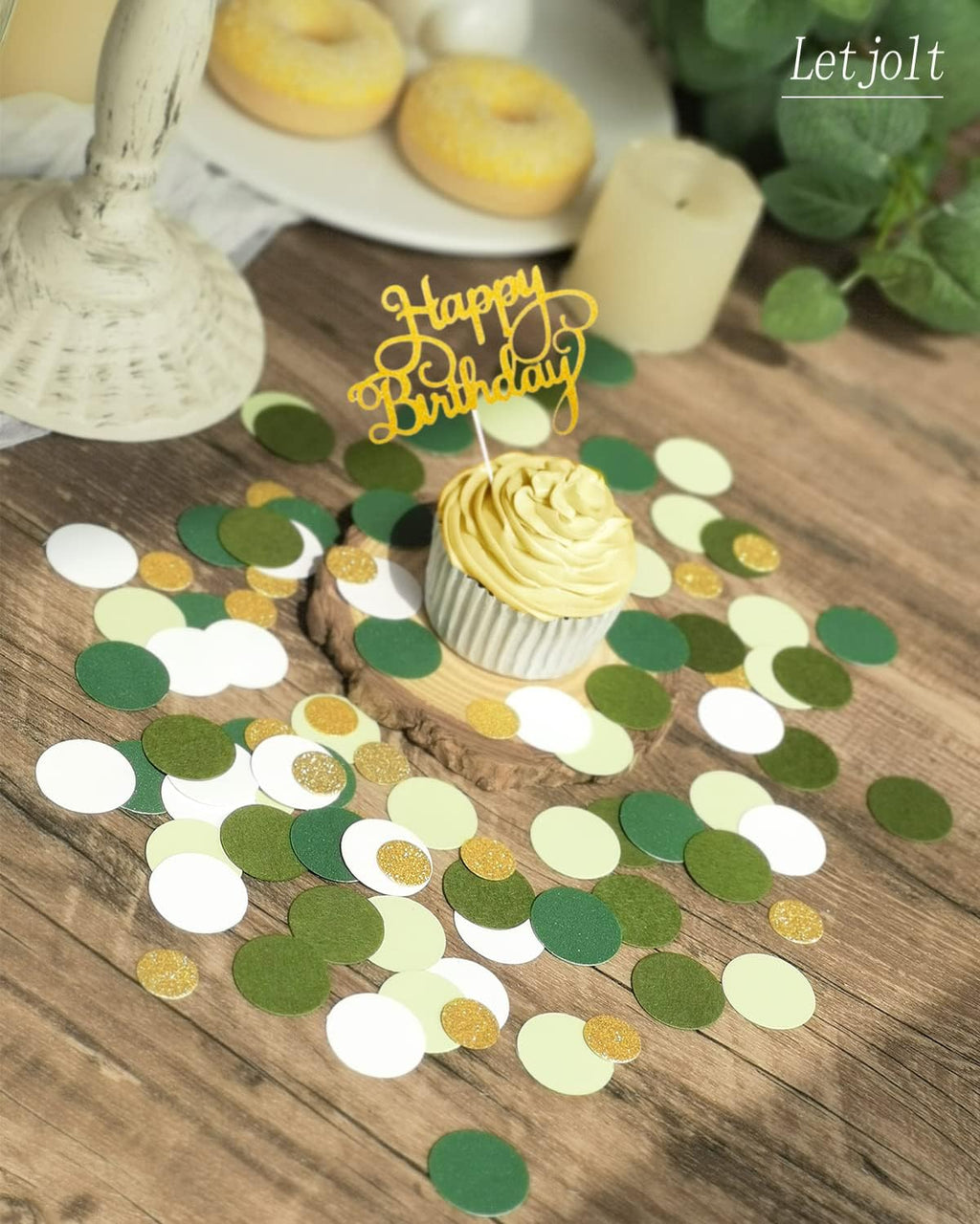Letjolt Green Confetti Glitter Golden Dots Table Decoration 100 Pcs | Paper Scatter Party Craft Anniversary Supplies Birthday Bridal Baby Shower Wedding Gift Circle Decor