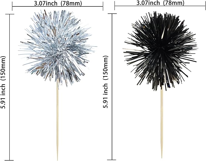 Ephlyn 30Pcs Foil Firework Cupcake Toppers Sparkles Fireworks Sticks Birthday Decorations Sparkle Tinsel Cocktail Fruit Toothpick for Birthday Wedding Graduation Party Cake Decorations Black Silver
