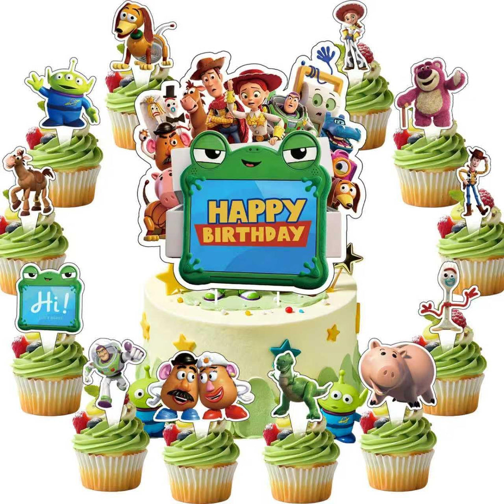 25Pcs For Toy Story Cake Decorations with 24pcs Cupcake Toppers, 1pcs Happy Birthday Cake Topper, Cartoon Themed Party Supplies, Perfect for Birthday Party Decorations