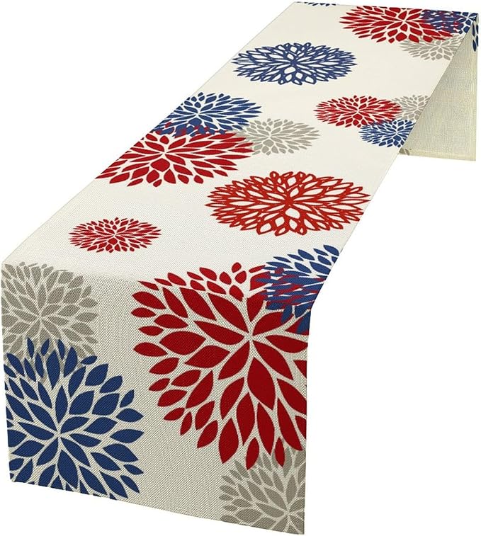 4th of July Table Runner, Blue Red Dahlia Flower American Patriotic Memorial Day Table Runner for Farmhouse Kitchen Dining Table Party Decor, 13x36inch